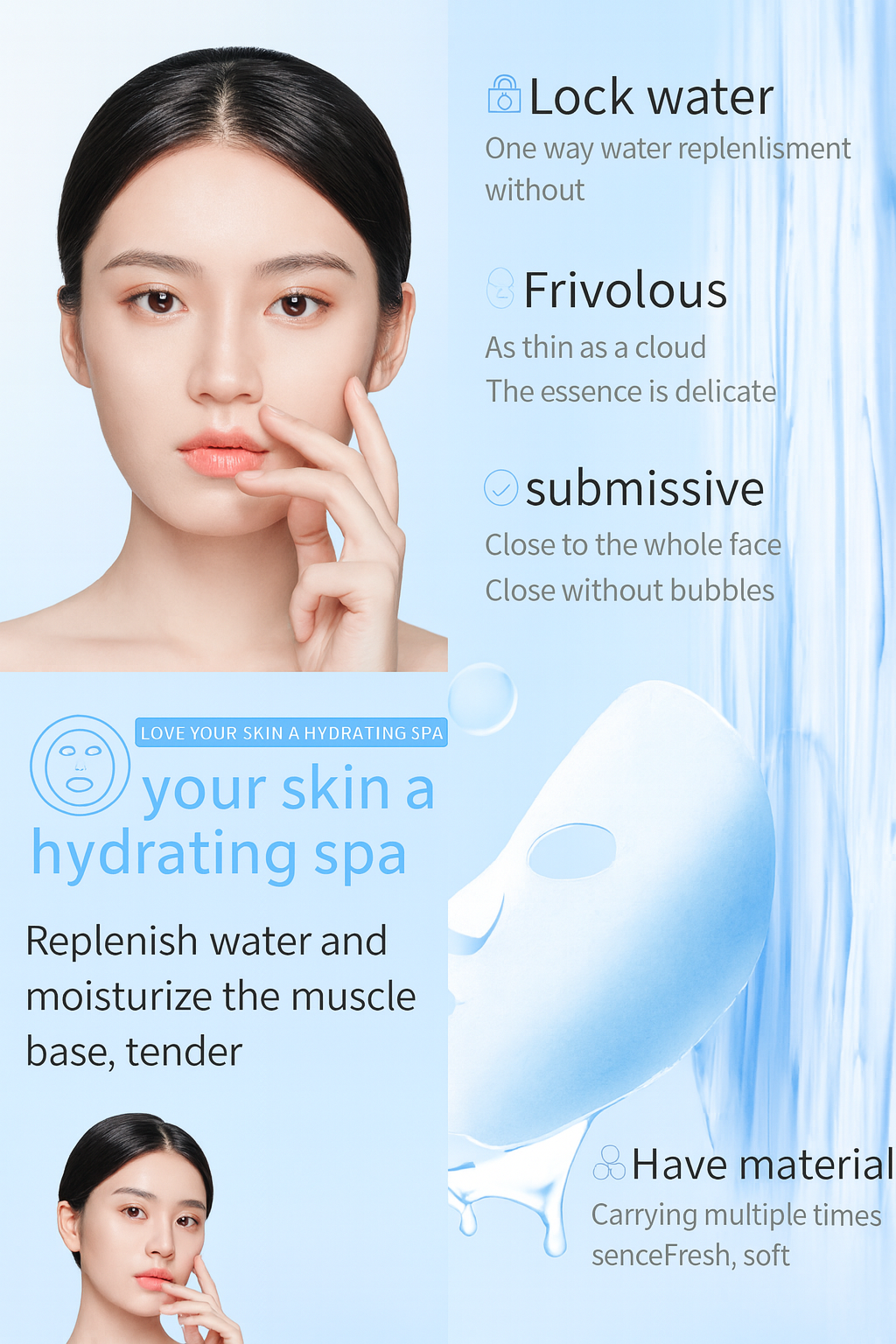 Advertisement for a hydrating facial mask with text and images of a woman's face.